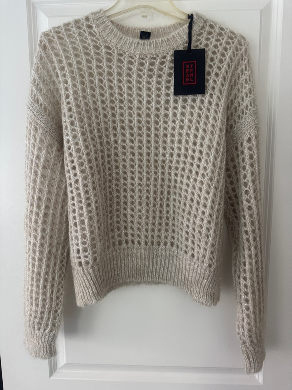 Stefanel Open-Weave Cream Crewneck Sweater